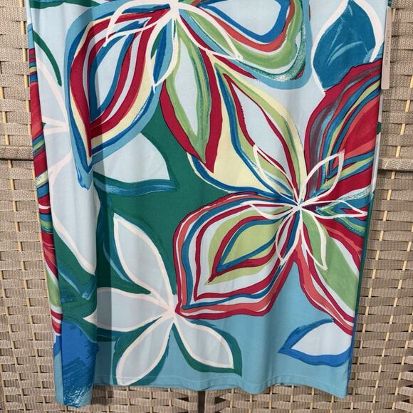 Chico’s IONA V-Neck Slinky Knit Dress Size 2/L SEAWAY BLUE Floral Cap Sleeve NEW - Picture 4 of 10